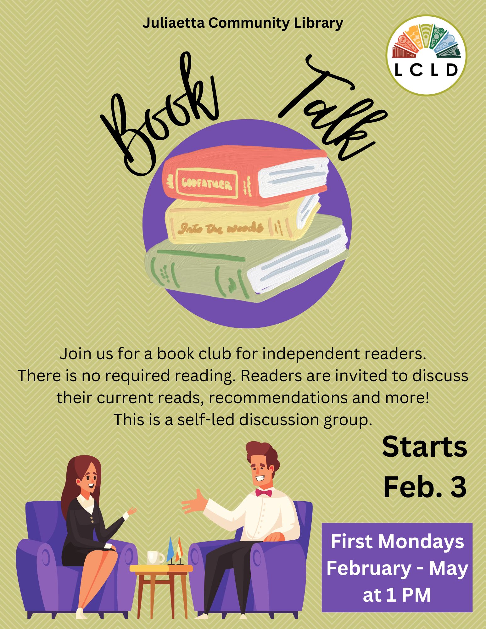 Book Talk Starts Monday February 3rd at 1 PM at the Juliaetta Community Library