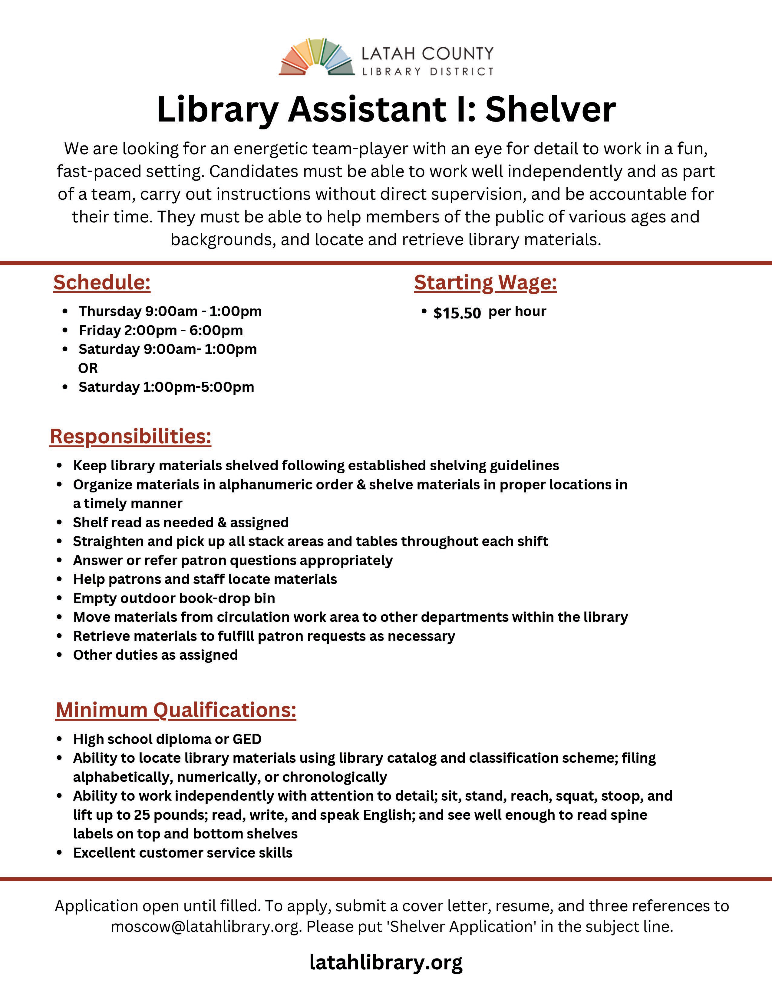 Library Assistant I Shelver hiring now