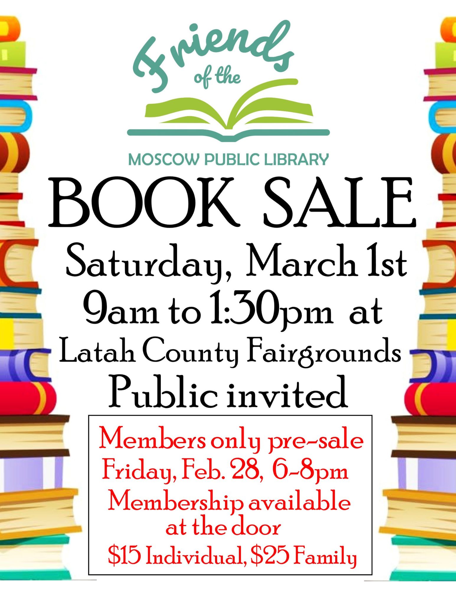 Spring Book Sale Saturday, March 1st, from 9 am to 1:30 pm at the latah county fairgrounds