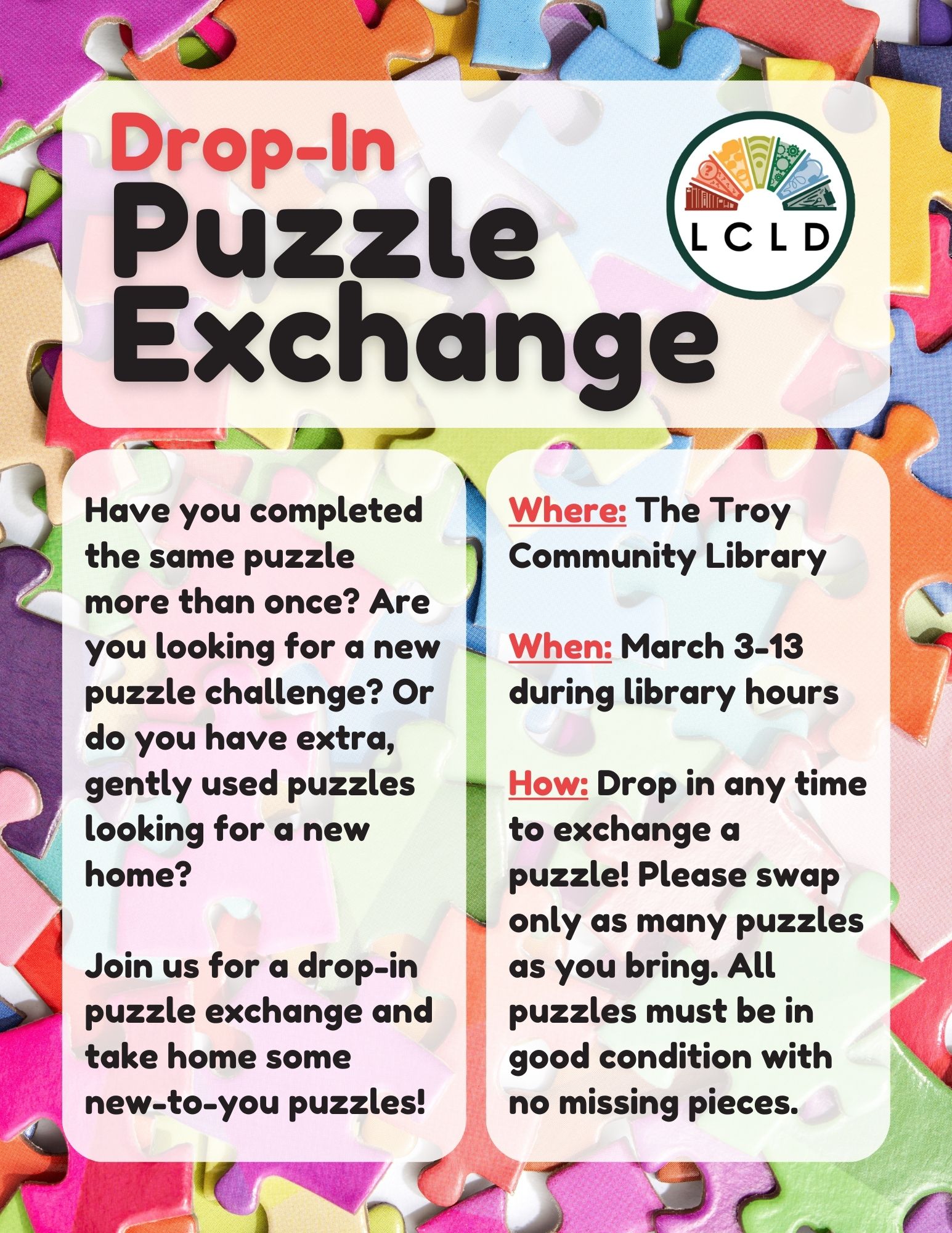 Drop In Puzzle Exchange at the Troy Community Library March 3 through 13 during library hours