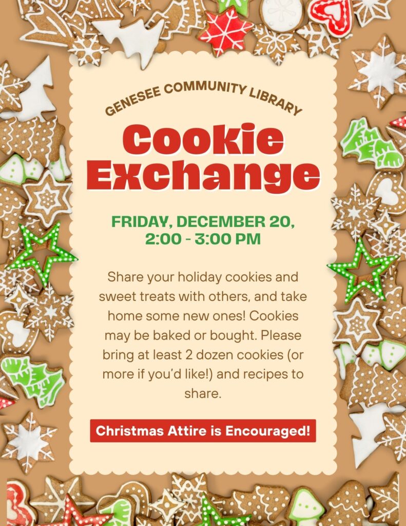 genesee community library cookie exchange friday, december 20, from 2 to 3 PM