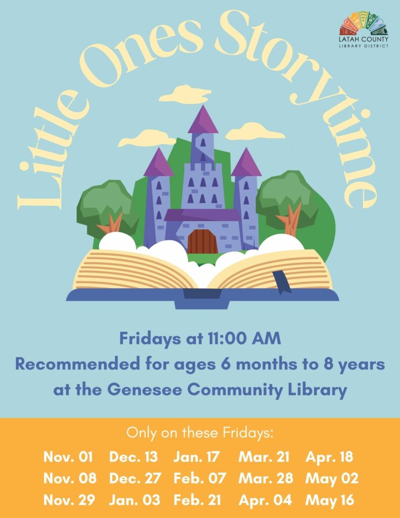 Little Ones Storytime at the Genesee Community Library. Specific Fridays at 11:00 AM. Recommended for ages 6 months to 8 years.