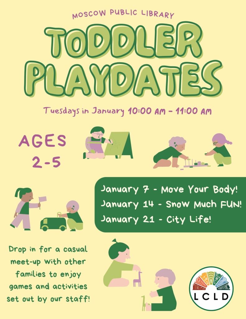 Toddler playdates Tuesdays in January from 10 AM to 11 PM. Dates are January 7th, 14th, and 21st.