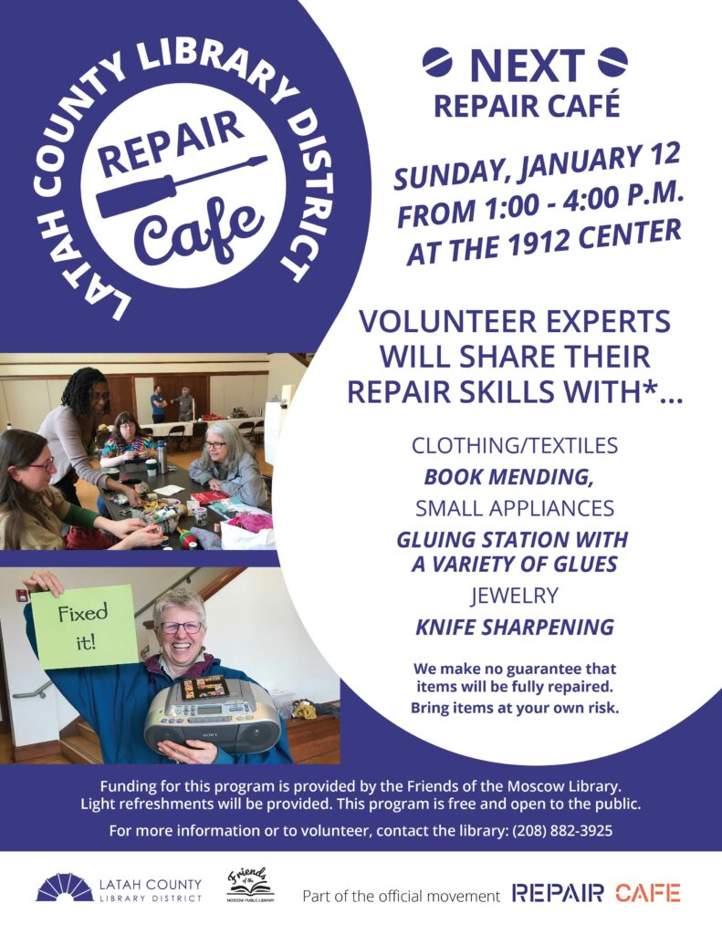 Repair Cafe Sunday January 12 from 1 pm to 4 pm at the 1912 center