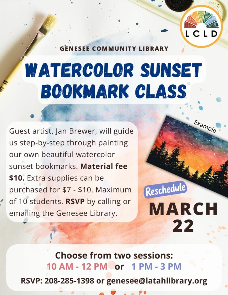 Genesee Community Library Watercolor Sunset Bookmark Class Saturday, March 22. RSVP for one of two sessions at 10 AM or 1 PM