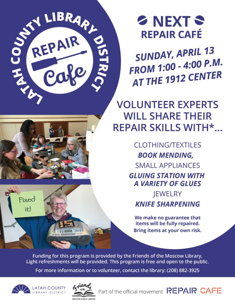 Repair Cafe Sunday April 13 from 1 PM to 4 PM at the 1912 center